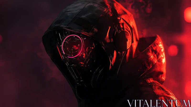 Cybernetic hooded assassin under neon red haze glow.
