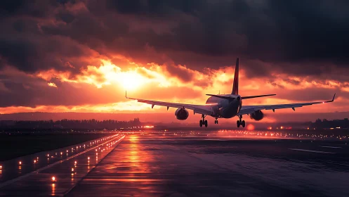 Jet airliner descends toward wet runway under vivid sunset sky