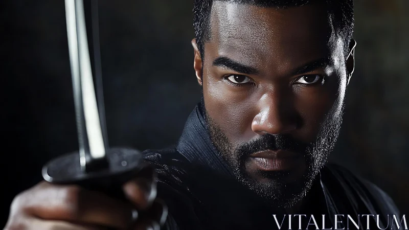 Focused warrior with raised katana poised in dramatic light