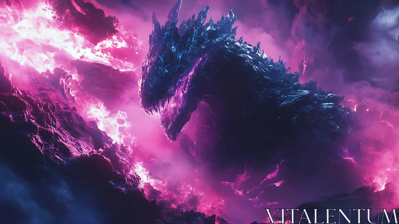 Colossal neon kaiju emerging within storming magenta firestorm.