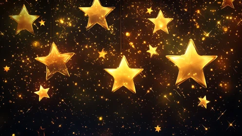 Glowing golden stars drift across a sparkling night sky.
