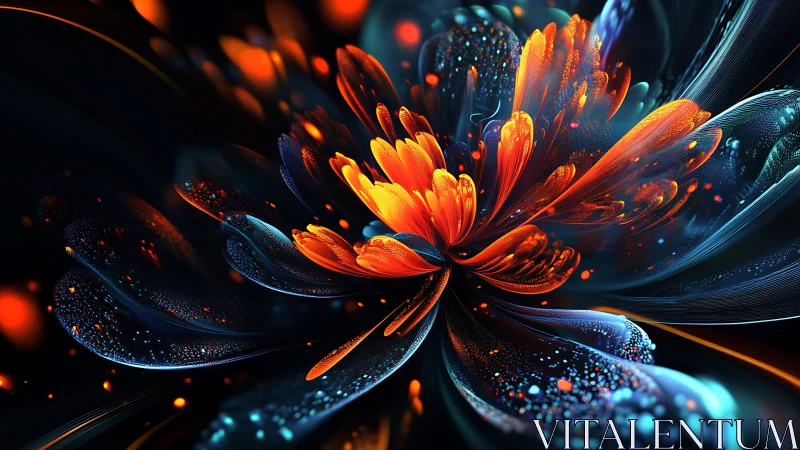Abstract neon flower with glowing orange and blue petals.