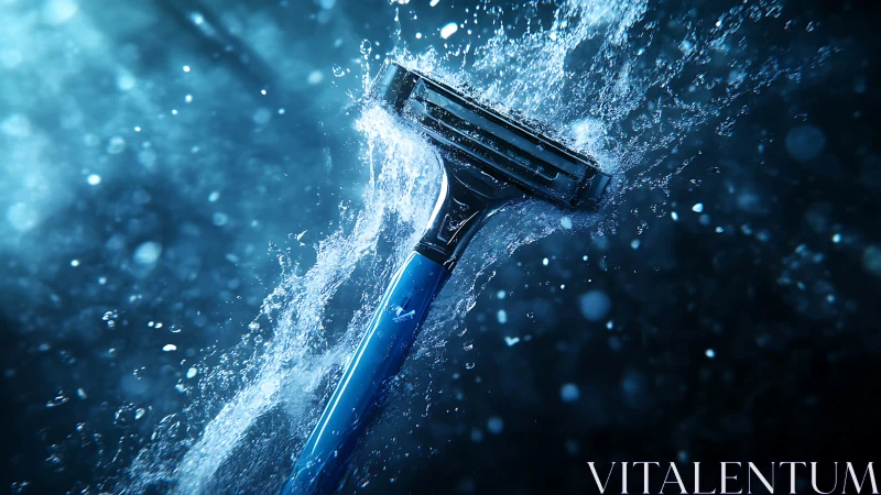 Wet blue razor in dynamic splash against dark water.