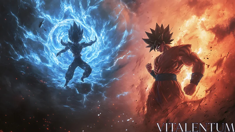 Fiery warrior confronts electric rival in cosmic split arena