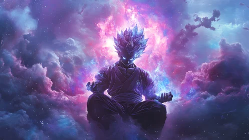 Cosmic chi convergence around meditating anime energy core.