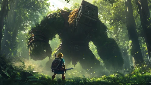 Human figure facing large forest golem in dense woodland.