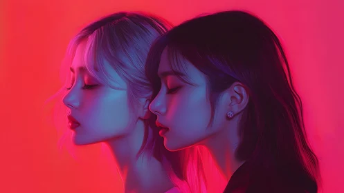 Neon-lit twin portraits merge serenity and electric glow.