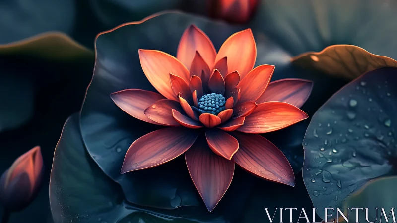 Red lotus flower blooming with blue stamens against dark water.
