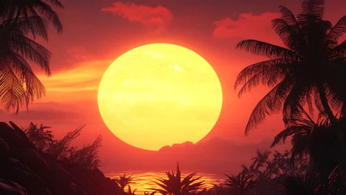 Overscaled tropical sun rendering with silhouetted palm trees and haze