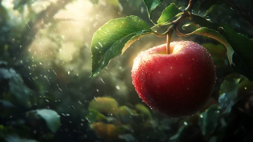 Red apple on tree branch in soft sunlit orchard rain.