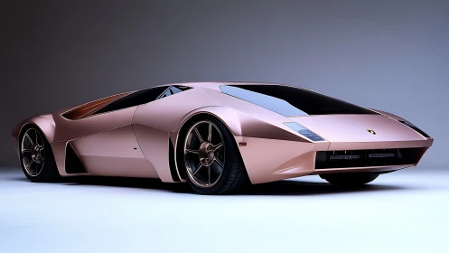 Low-angle view shows metallic rose supercar in studio