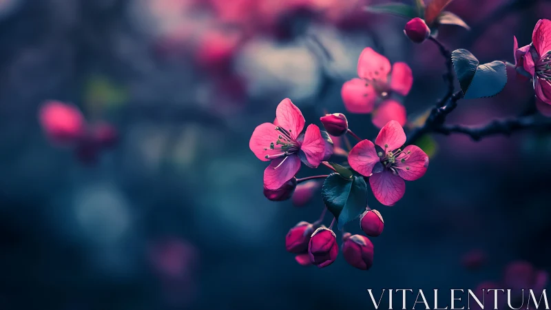 Deep teal bokeh backdrop with vibrant magenta blossoms and burgundy buds.