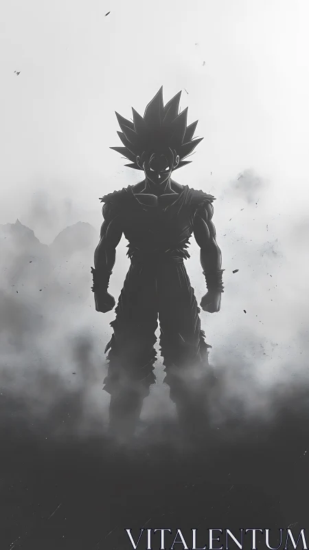 Silhouetted spiky-haired warrior emerging from monochrome smoke.