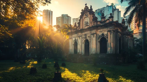 Sunbeams crown a baroque chapel tucked in urban jungle light