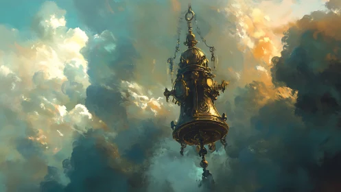 Floating golden censer drifts through storm-lit clouds.