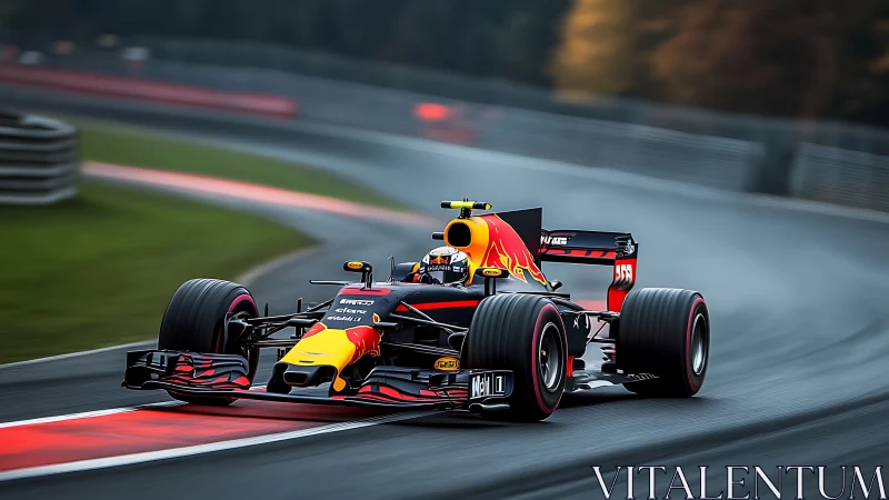 Formula 1 car powers through wet chicane under motion blur