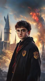 Digital painting portrait of young wizard before burning castle.