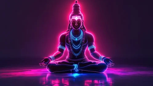 Neon outlined meditative figure in seated cross legged pose.