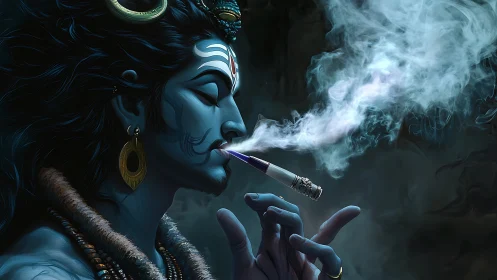Divine blue figure exhaling ethereal smoke in profile view.
