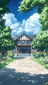 Sunlit tree-framed campus building with tiled garden path