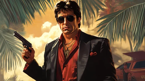 Sunlit outlaw stalks the tropic streets in crimson swagger