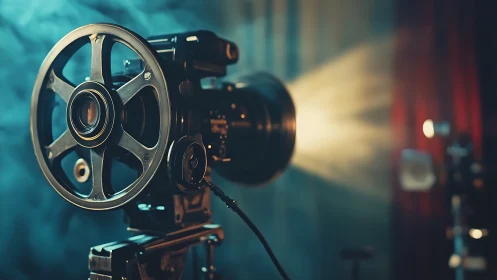 Vintage film projector casting cinematic beam of light.