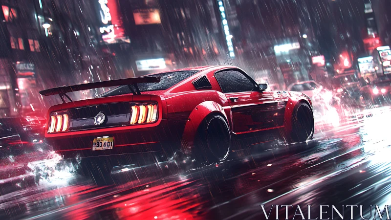 Red muscle car drifting through neon soaked city rainstorm.