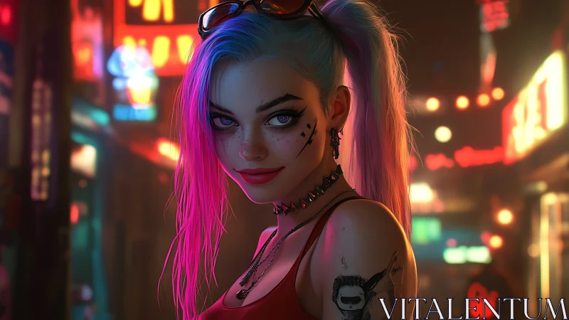 Neon-lit punk heroine rendered with high-detail rim lighting and DOF