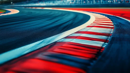 Wet racing circuit apex shows bold red and white curbing