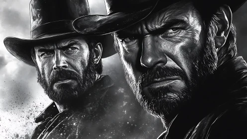 Monochrome dual-portrait of rugged bearded cowboy outlaw.