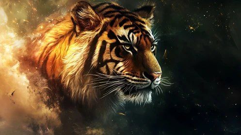 Solar-flared tiger drifting through ember-swept starlight.