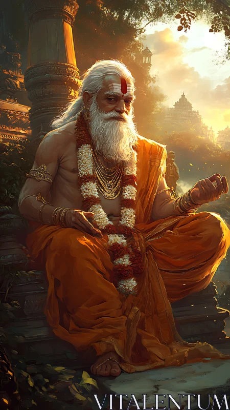 Elderly sage in orange robes meditates before distant temples