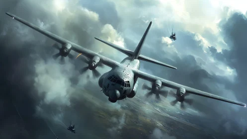 Heavy transport aircraft cutting through storm clouds in flight.