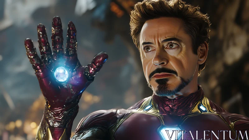 Armored hero raises glowing gauntlet in battle scene.