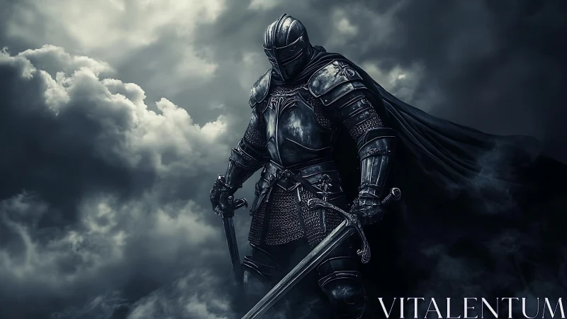 Dark armored knight stands defiant beneath storm clouds.
