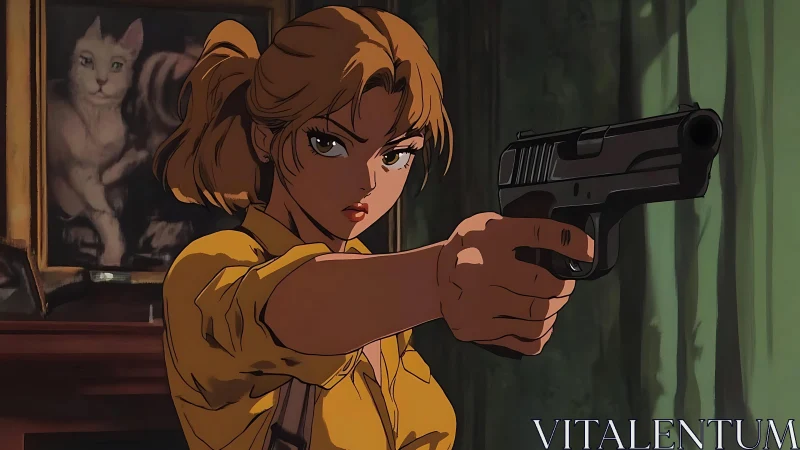Strong anime heroine holds her aim with fierce determination