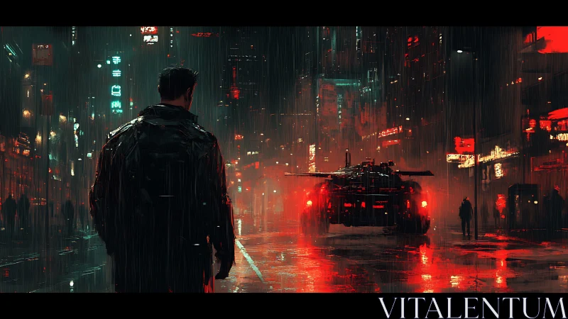 Neon soaked city street welcomes a lone wanderer in rain