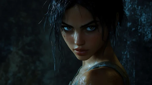 Digital portrait renders wet-haired woman against dark backdrop