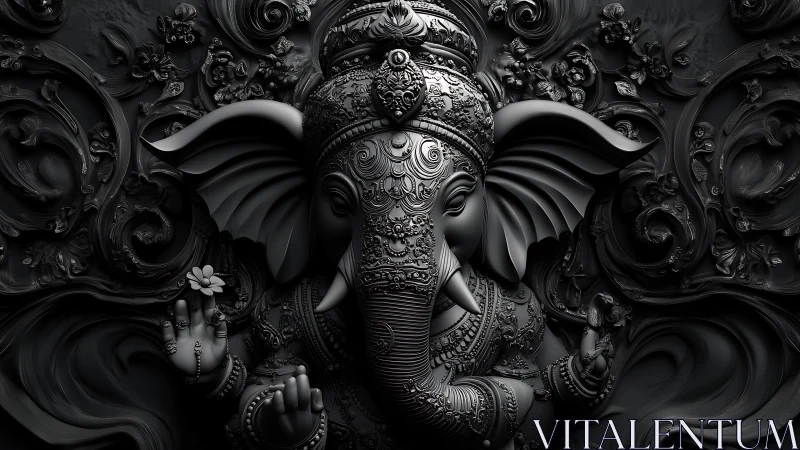 Monochrome 3D Ganesh bas relief emphasizes ornate sculptural depth