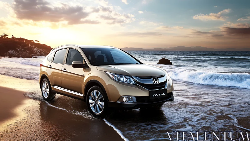 Gold crossover SUV parked on wet coastal beach shoreline.