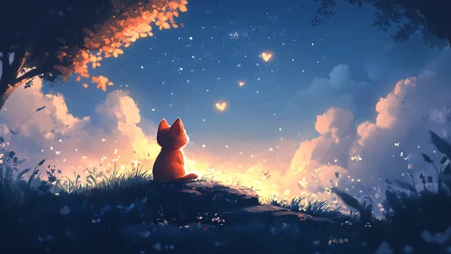 Cat silhouette sits on hill observing glowing sky forms