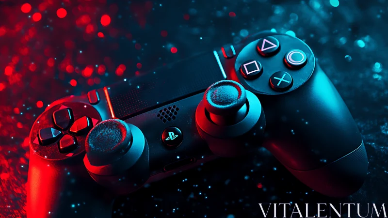 Dual-analog gamepad under red cyan bokeh lighting in macro focus