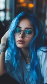 Portrait studies saturated cyan hair, teal lens reflections, shallow DOF