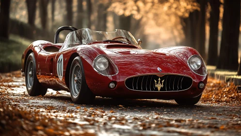 Red vintage Maserati race car on tree lined autumn road.