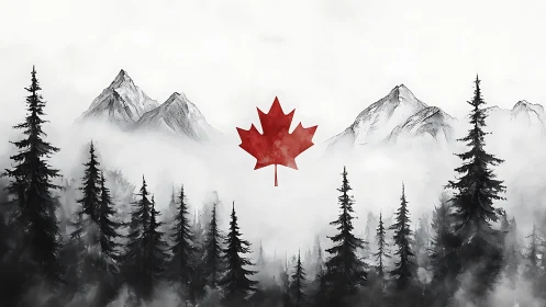 Red maple leaf symbol is centered over misty conifer forest