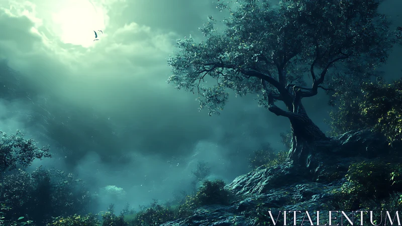 Moonlit mist surrounds an ancient tree on a lonely hillside