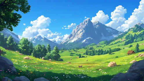 Sunlit mountain meadow where quiet hillsides breathe easy.