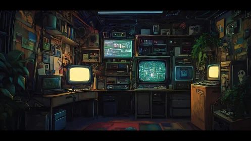 Retro command center glows with cozy, neon hacker charm