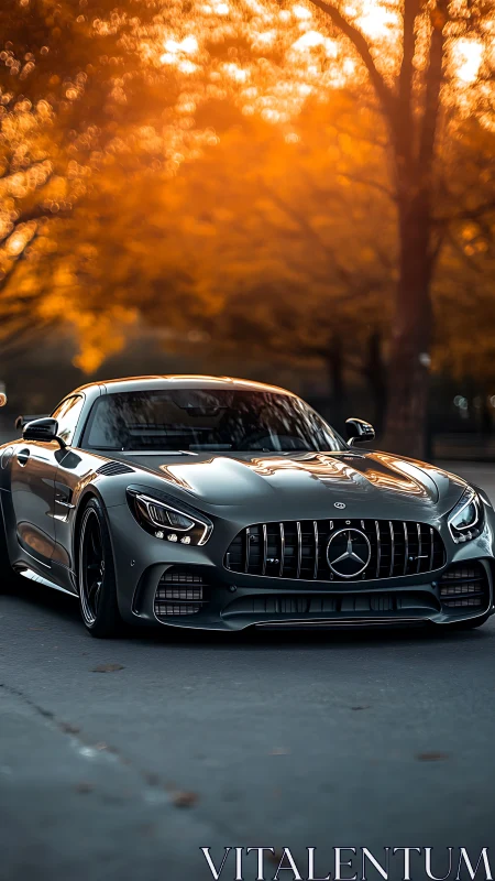 Sunlit sports car glides under warm autumn trees with grace