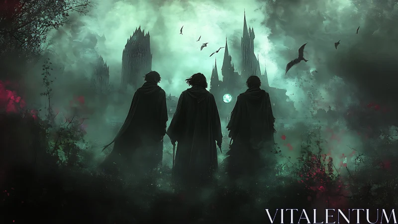 Hooded figures approach ruined gothic citadel under eerie moon